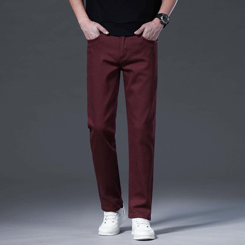 Fashion trendy men s stretch burgundy men s jeans casual versatile trendy men s business slim straight trousers 29