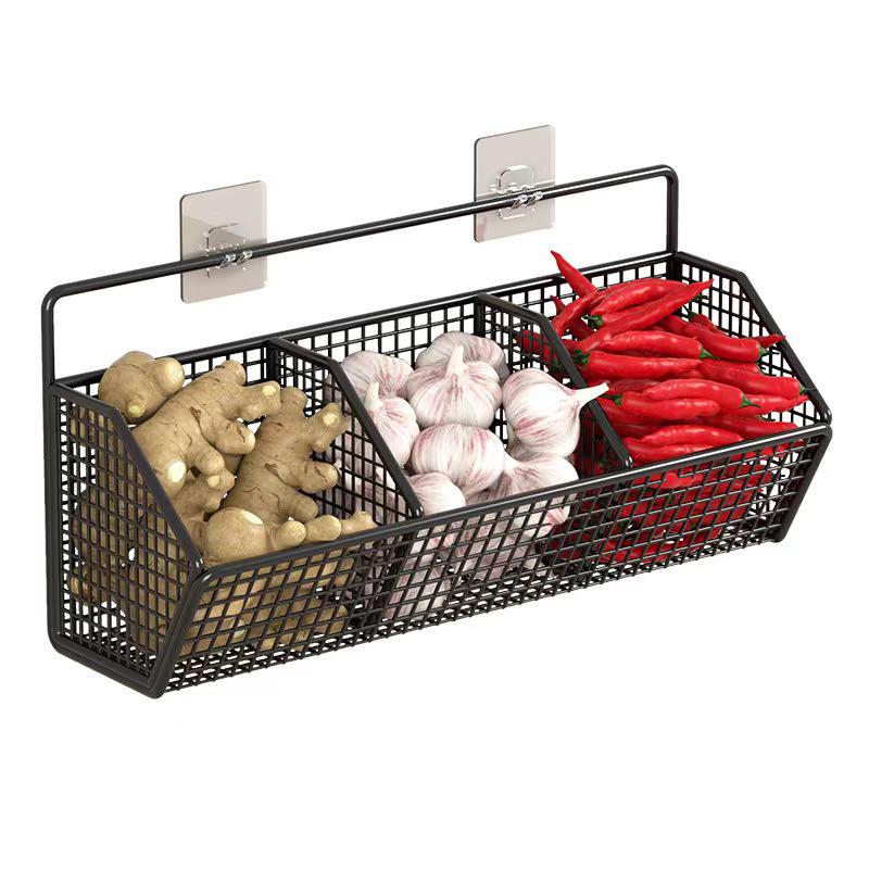 Wall-Mounted Scallion Ginger Garlic Storage Basket - No-Punch Kitchen Shelf Essential
