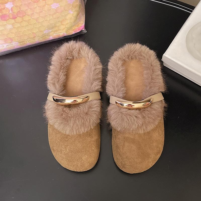 French temperament evening breeze flat heel cotton drag girl velvet 2025 autumn and winter new fairy fluff outside wearing Mary Jane slippers