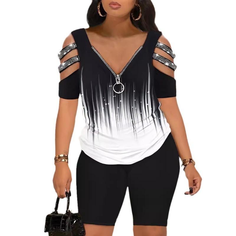 V-neck Zipper Pullover Printed Short-sleeved Fashion Shorts Set