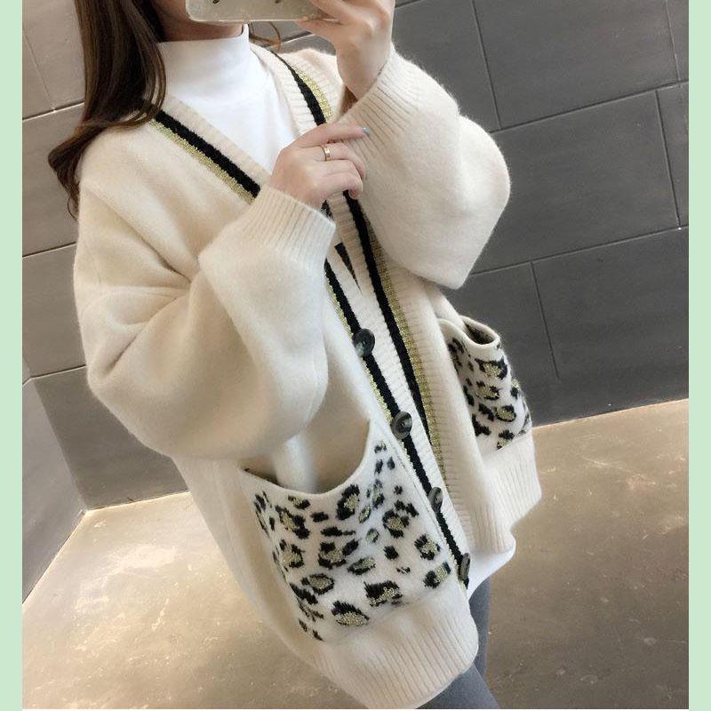 Spring and Autumn V-neck Knitted Cardigan Women Leopard Pocket Sweater Coat Versatile Student Mid Length Cardigan Sweater