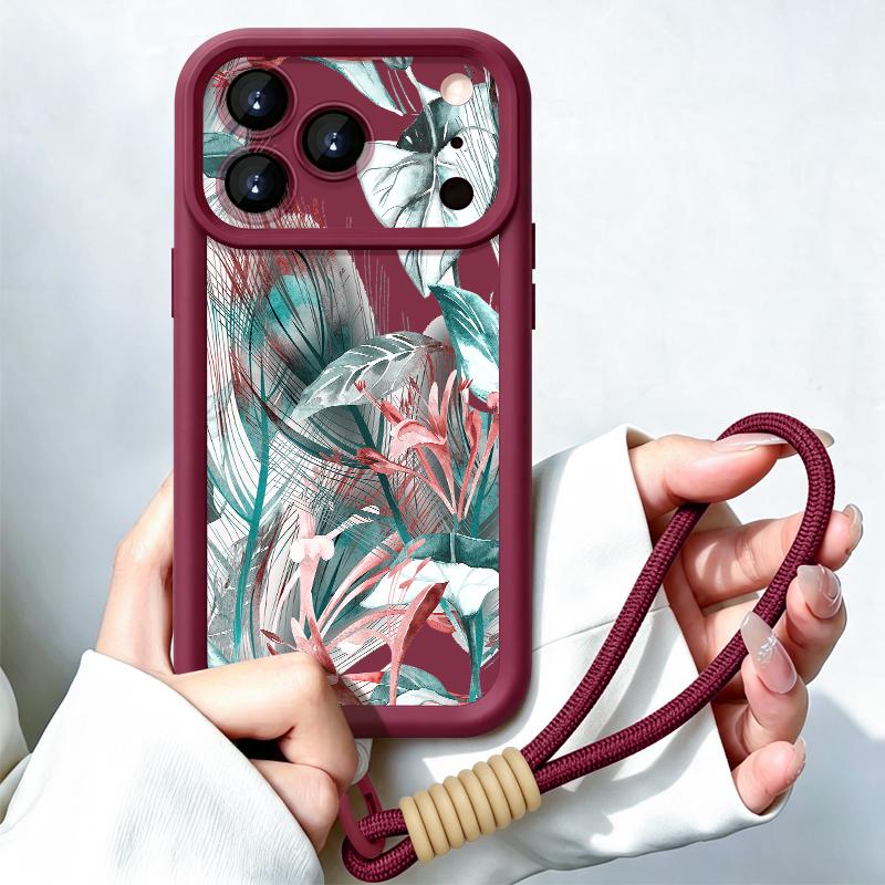 Flowers Leaves Print Lanyard Case For iPhone 18 Pro Max Shockproof Bumper Soft Silicone Cover For iPhone 17 16 15 14 13 Pro Max 17E