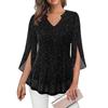 Women's Fashionable Double-Layer Mesh V-Neck Three-Quarter Bell-Sleeve Loose-Fit Top
