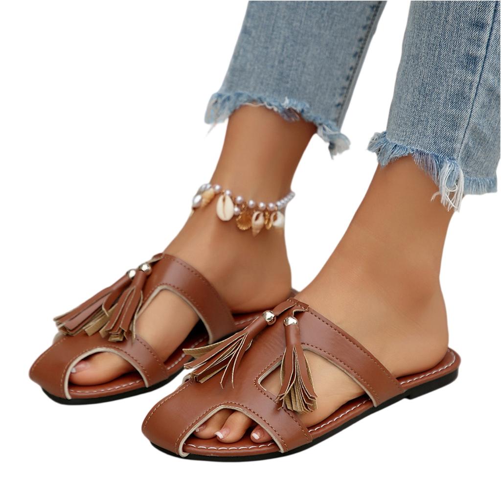 Women's Summer Tassel Slide Sandals Flat Soft Leather Open Toe Casual Slip On Sandals for Outdoor and Indoor Use