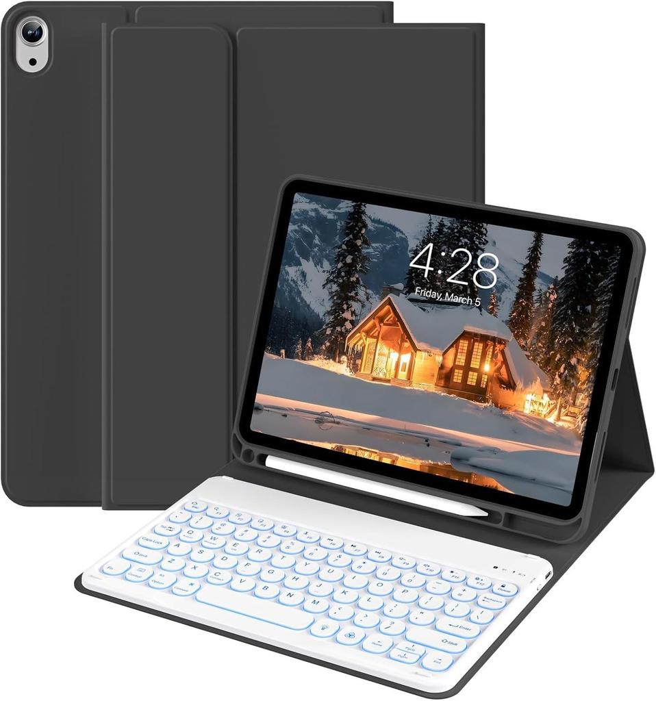 iPad Air 11th Gen Leather Case with Magnetic Backlit Keyboard and Pen Holder - Fits Pro 11/10.9