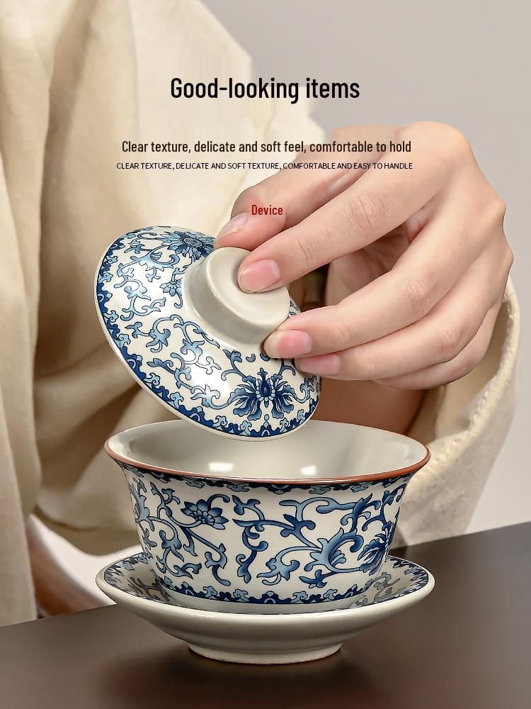 Sancai Gaiwan Tea Set: Ceramic Anti-scalding Tea Cup with Hand-held Pot for Gongfu Brewing.