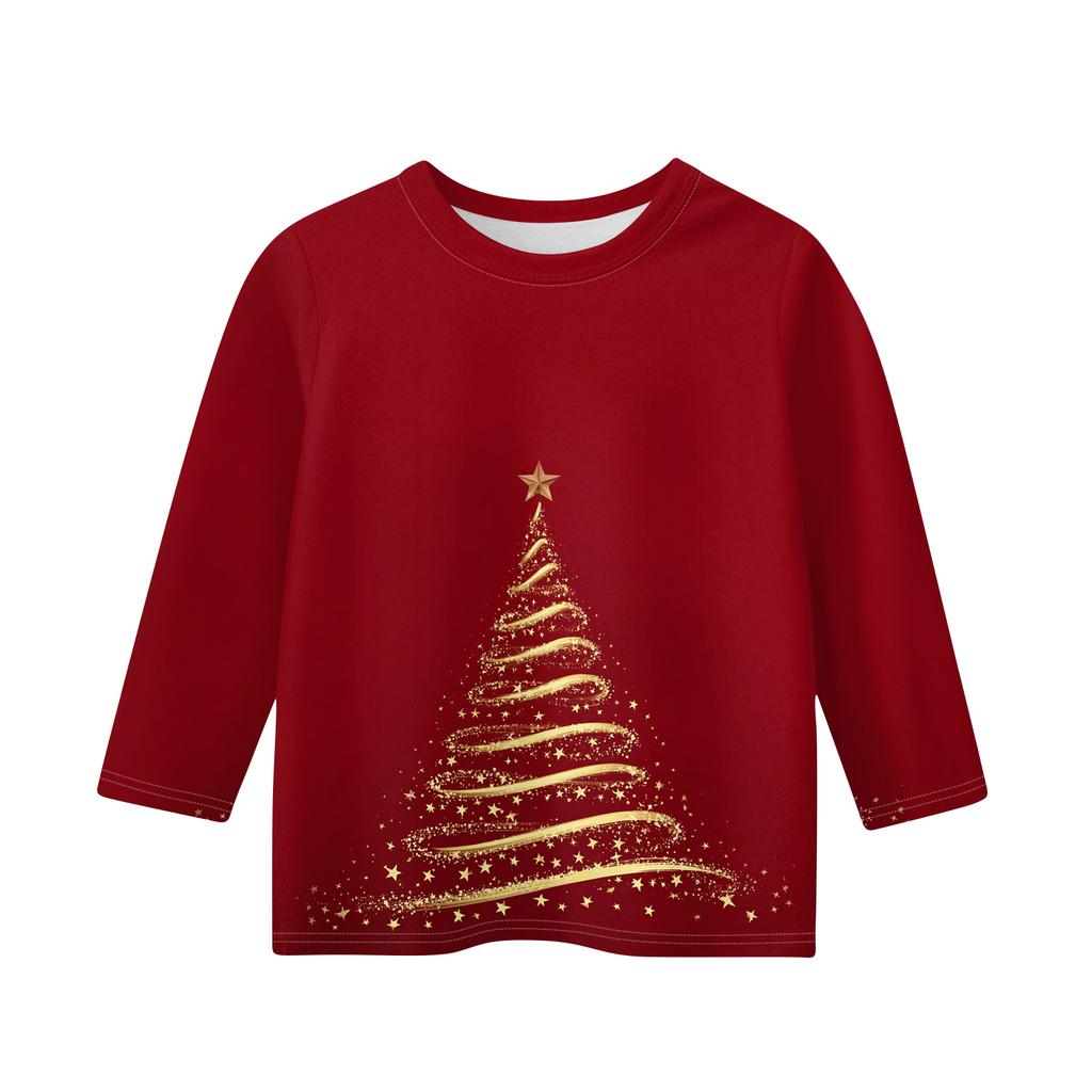 Christmas Day Print Tops For Youth Girls 4-11 Years Round Neck 3/4 Sleeves T-Shirts Trendy Tops Outfit Tees