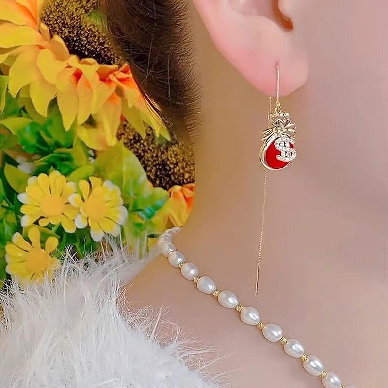 New Design Lucky Bag Long Fringed Fortune Earrings Chinese Style Fashion High-end Temperament Personalized Trendy Earrings