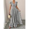 Summer Floral Printed Long Dress with Ruffled Short Sleeved V-neck Fashion Big Swing A-line Holiday Party Dress Elastic Waist Loose Casual Clothing