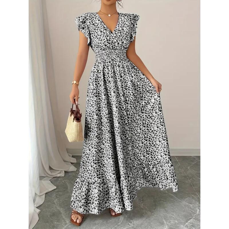 Summer Floral Printed Long Dress with Ruffled Short Sleeved V-neck Fashion Big Swing A-line Holiday Party Dress Elastic Waist Loose Casual Clothing