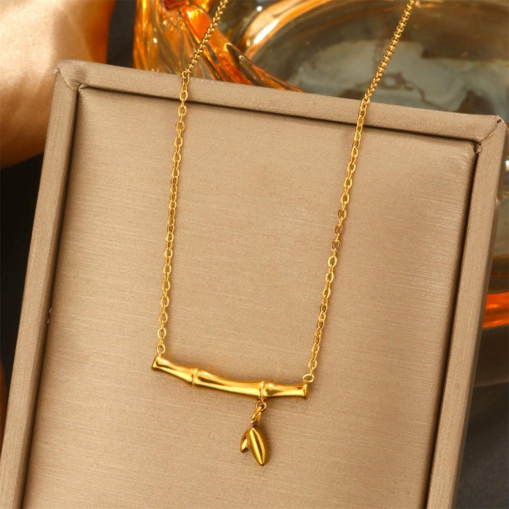 Punk Fashion Clavicle Bamboo Plant Charm Pendant Female Gold Color Stainless Steel Choker Necklace Chain for Women Jewelry Gift