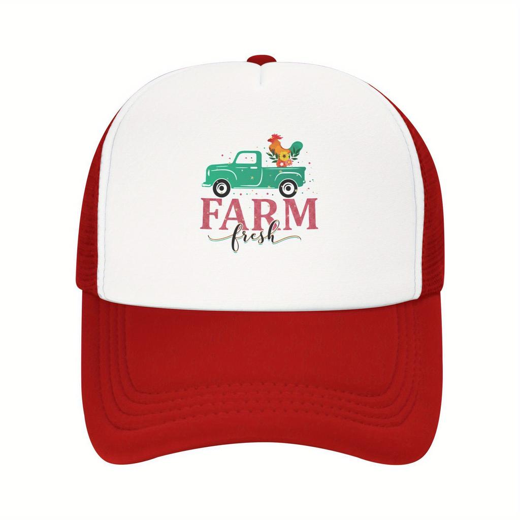 Farm Fresh Truck Rooster Graphic Trucker Hat Polyester Mesh Breathable Casual Unisex Cap