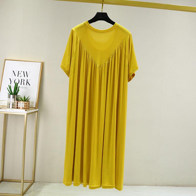 2023 Women's Summer Plus Size Round Neck Cake Dress - Solid Color, Loose Fit, Short Sleeve, Long Length