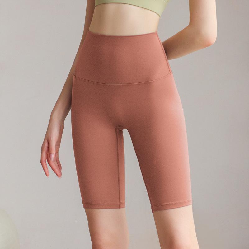 Sports shorts 2025 double-sided brocade nude fitness medium pants high waist slim peach hip sports five-point tight yoga pants women