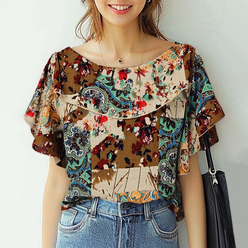 ZANZEA Women Casual Ethnic Print Loose Short Sleeve Blouse