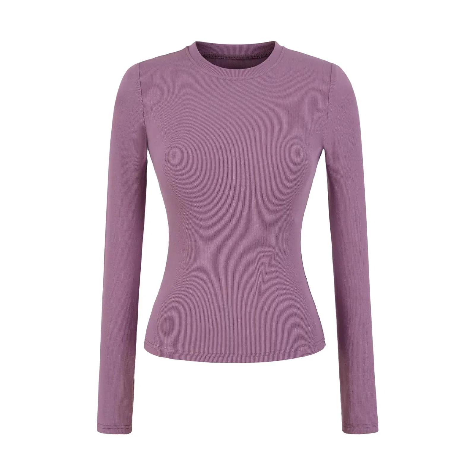 Women s 2025 Autumn Long-Sleeved Slim Fit T-shirt with Built-In Bra and Round Neck Large