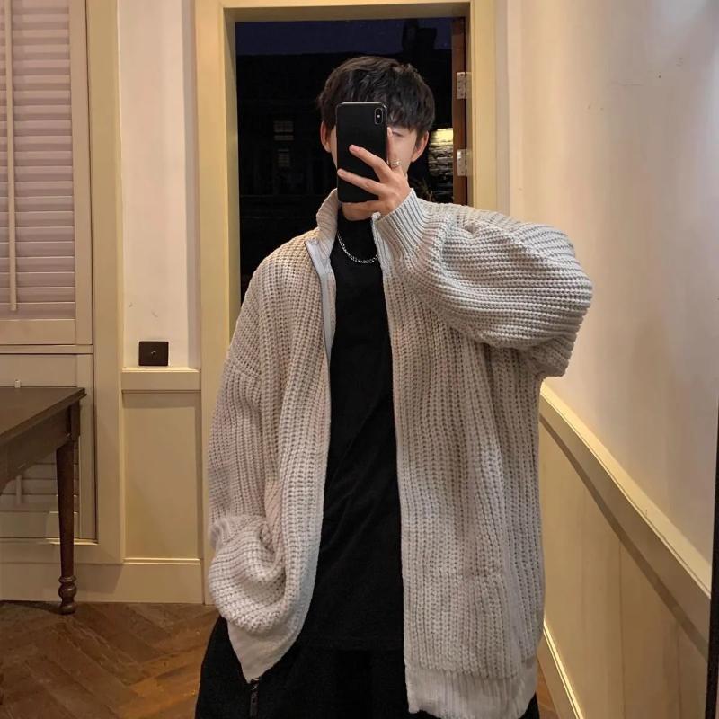 

Men s Olive Green Ribbed Knit Stand Collar Loose Zipper Jacket XL серый