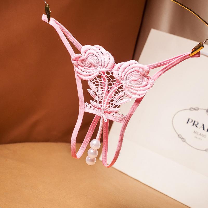 Sexy spodní prádlo Krajkové kalhotky Duté perleťové Jacquard Kalhotky s otevřeným souborem Nízký pas Elastické Temptation Jedno provazové květinové rozkrokové tanga