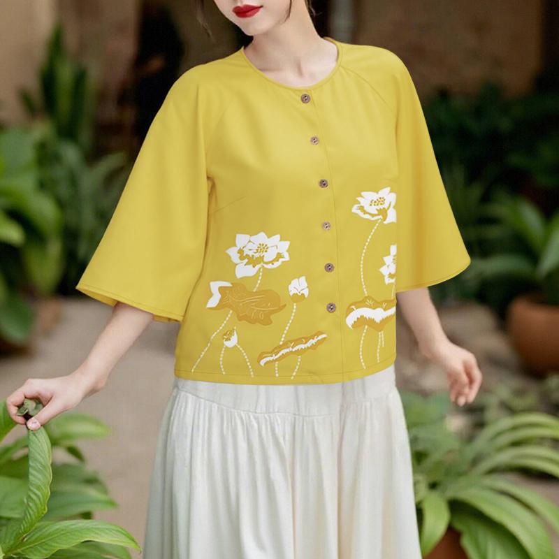 

ZANZEA Женская повседневная блузка с круглым вырезом и рукавом 3/4 с цветочным принтом 5XL жёлтый