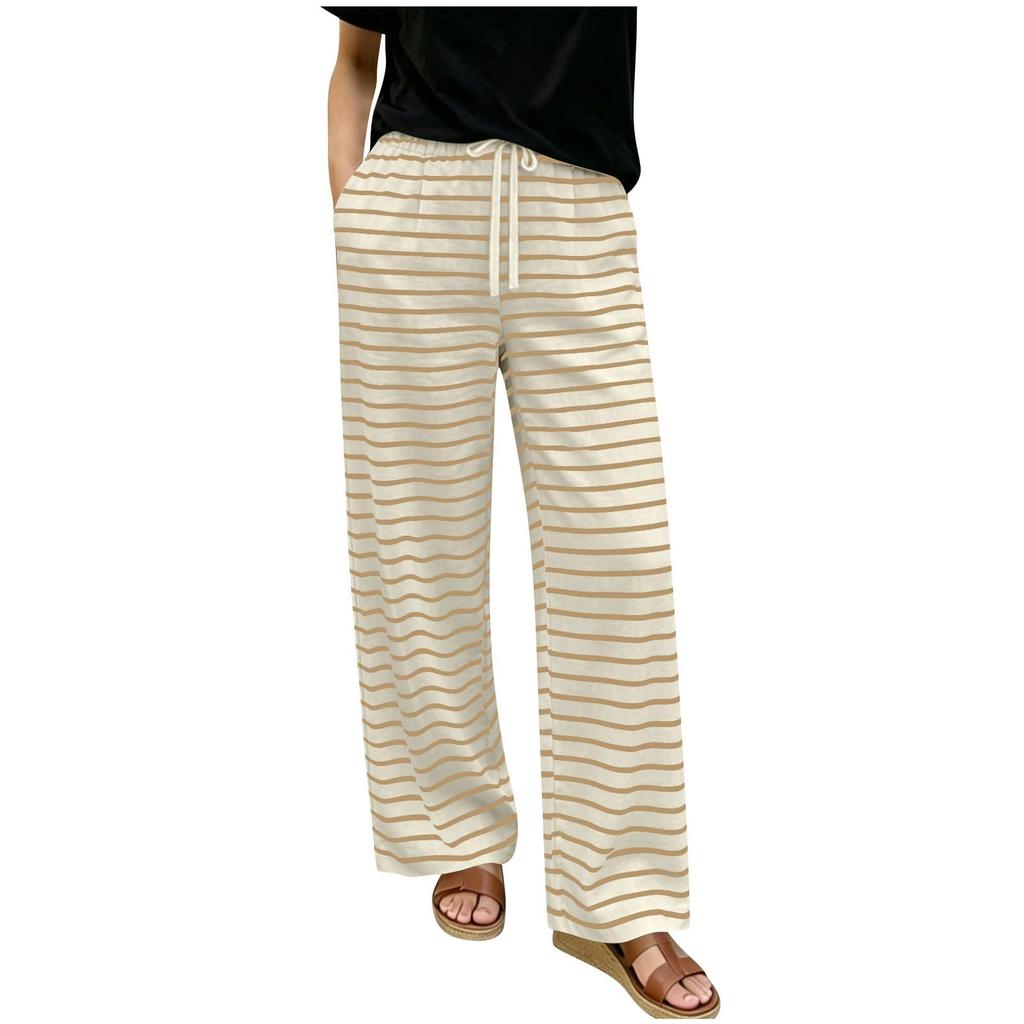 Women’s Relaxed Fit Striped Print Wide Leg Drawstring Pants Casual Lounge Elastic Waist Trousers with Pockets for Everyday Wear