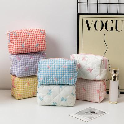 Fresh Plaid Bow Cosmetic Storage Bag Large Capacity Portable Makeup Bag Travel Wash Bag Organizer Pouch