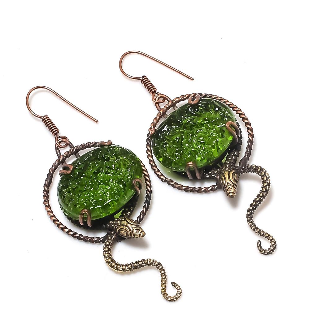 Moldavite 999 Copper Wire Wrapped Earrings, Handmade Gemstone Jewelry Earrings For Memorial Day