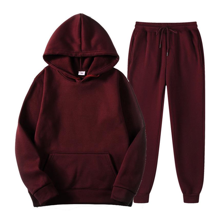 Herren einfarbiger Fleece-Pullover-Hoodie & Sweatpants-Set