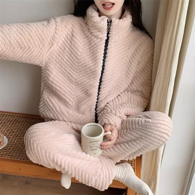 Winter Dames Fleece Pyjamaset Lange Mouw Dames Nachtkleding 2 Delen met Broek Rits Warm Effen Huispak voor Vrouw