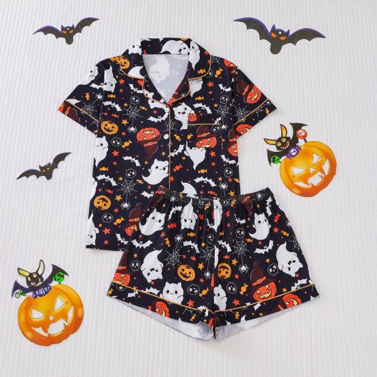 Halloween Women Pajamas Set Ghost Pumpkin Print Short Sleeve Button Down Shirts And Shorts Sleepwear Set 2 Piece Loungewear Pjs Short Set