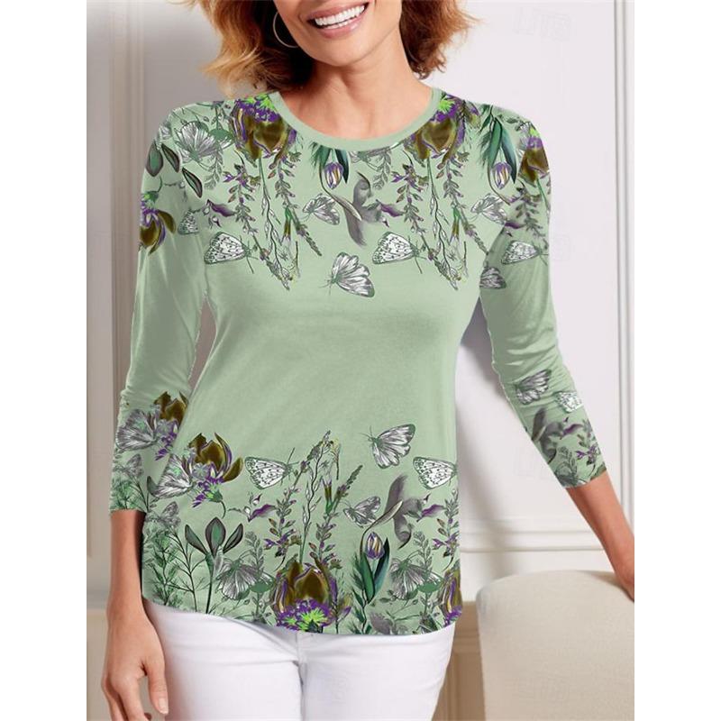 Modisches Damen-T-Shirt mit Blumen- und Schmetterlings-Motiv, 3D-Druck, tägliches Sweatshirt, lässiges Langarm-T-Shirt mit Rundhalsausschnitt, Herbst-Sportbekleidung