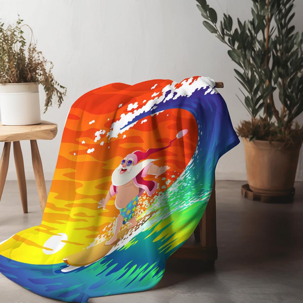 Santa Claus Surfing Beach Blanket Throw Coastal Home Decor Festive Holiday Gift Tropical Ocean Vibes Vacation Summer Vibes Cozy 75x90cm