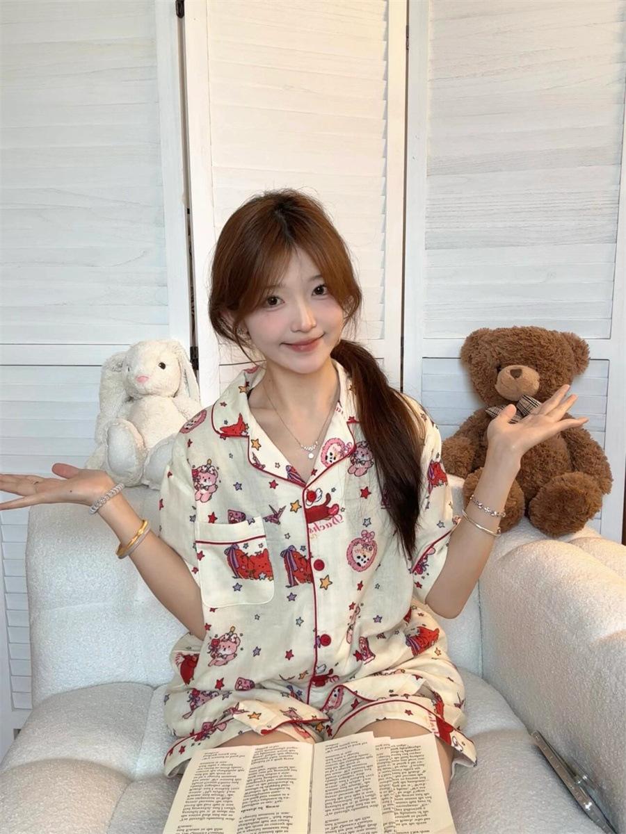 

Internet celebrity new star bear pajamas women can wear short sleeves shorts cardigan suit women s casual loungewear in summer S