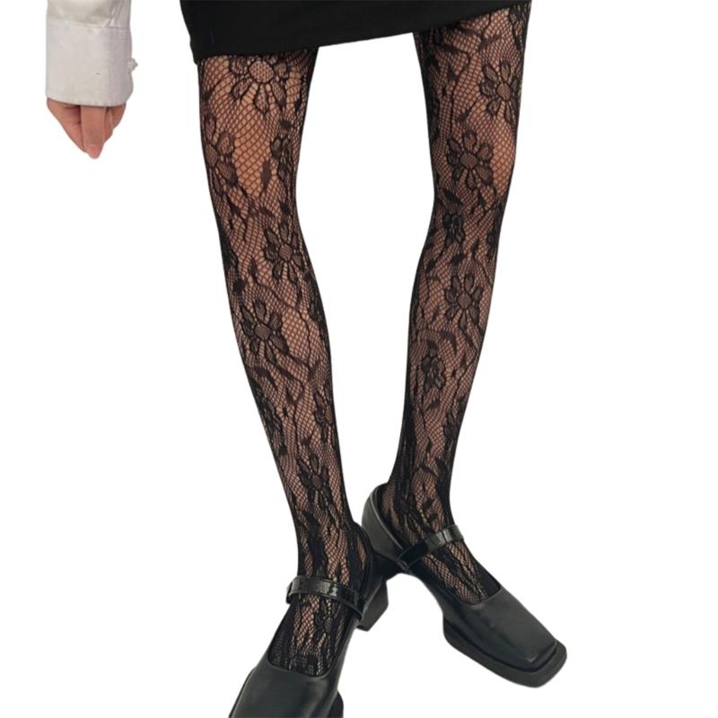 Women Sunflower Jacquard Pattern Fishnet Tights Stockings Sexy Hollowed Sheer Mesh Lace Solid Colored Pantyhose Leggings