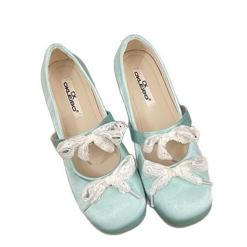 French gentle satin lace bow Mary Jane shoes women's inner height-increasing single shoes 2025 new shallow mouth ballet shoes
