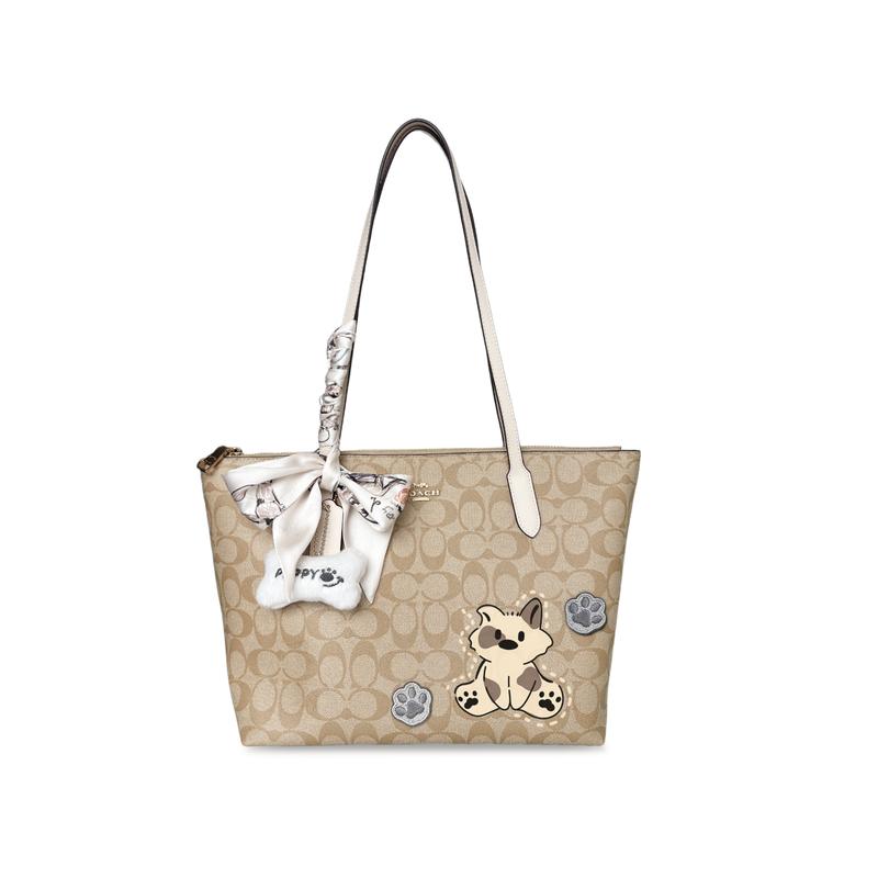 

COACH shoulder bag [Customized bag] Zip Top Tote 29 Sweet and cute silk scarf strap Exquisite Sitting Puppy basic package (bag + dust bag) білий