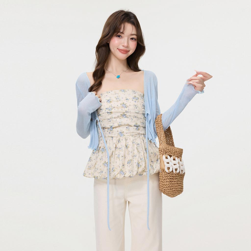 Blue Thin with Suspenders, Straps, Shawl, Knitted Cardigan, Women's Spring and Summer Design, Fungus Edge Top Blouse