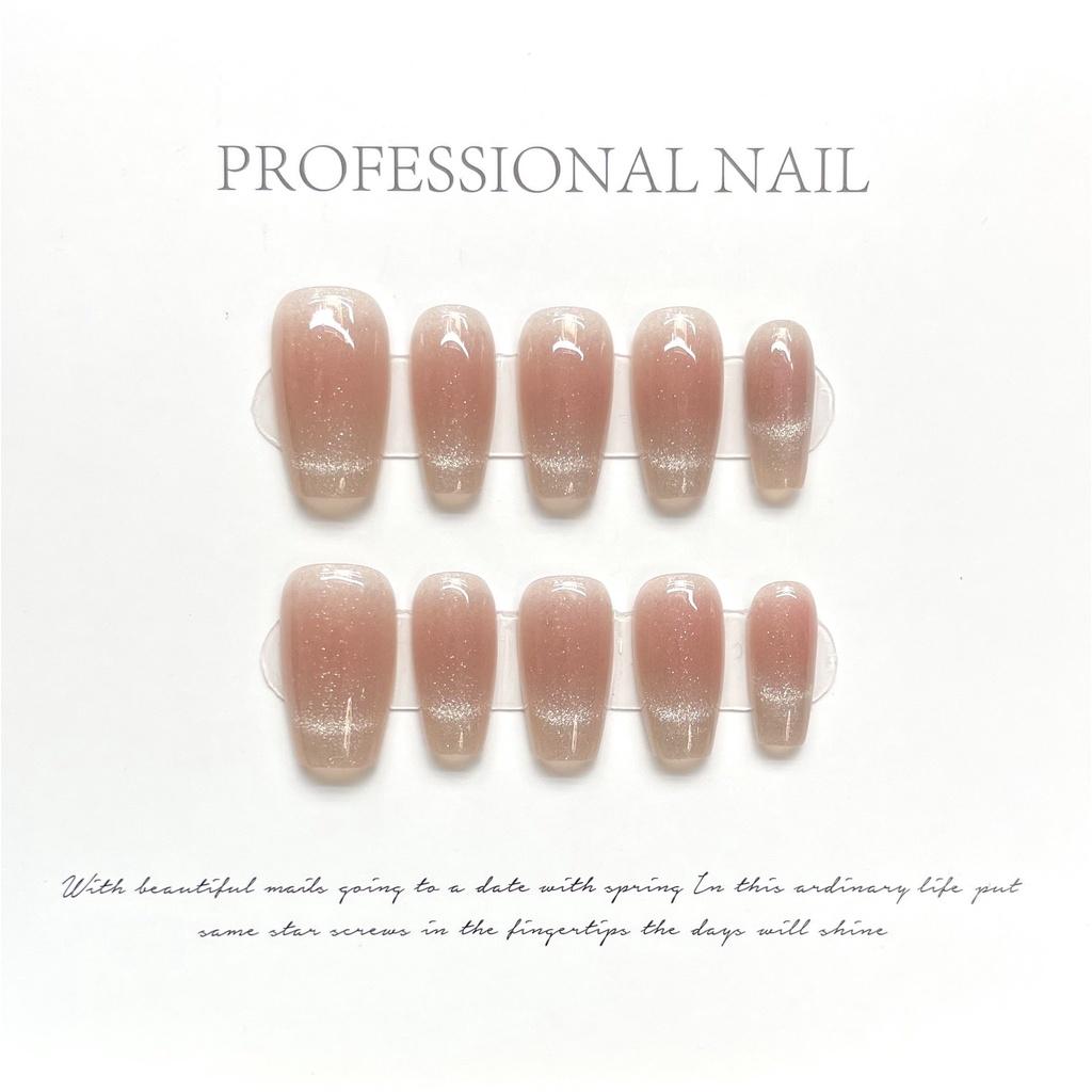 [HANDMADE]Artificial Nail Peach Cat Eye Nude Pink Phototherapy Nails Reusable and Removable Nails