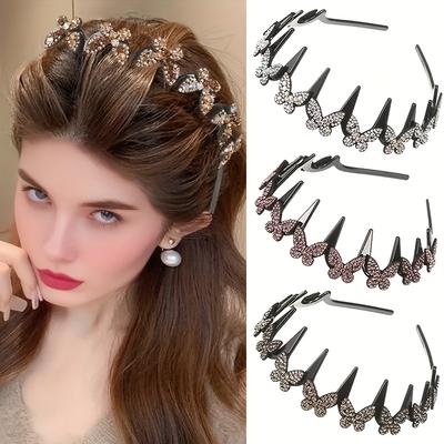 Elegant Butterfly Rhinestone Headband Retro Crystal Hair Band Non Slip Hair Hoop for Parties Weddings and Braid