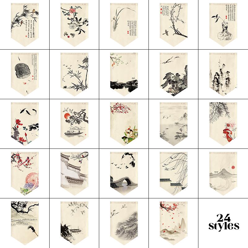 Chinese Landscape Painting Short Curtain Restaurant Cafe Decor Noren Home Window Decor Hanging Half Curtain Kitchen Partition