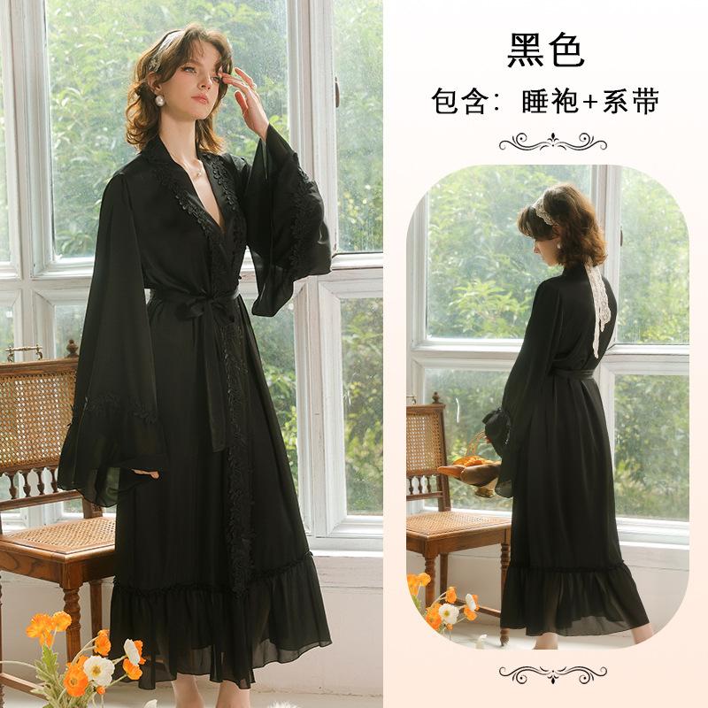 Satin water-soluble flower decoration light luxury women s nightgown spring and summer French elegant style black and white loungewear S чёрный