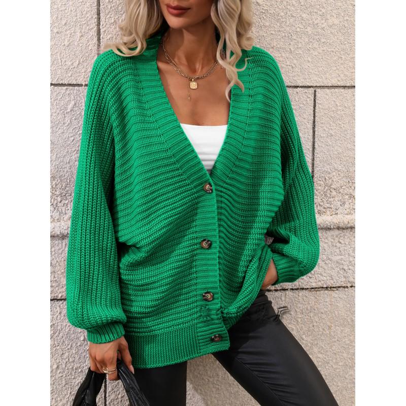 Womens Loose V-Neck Knit Cardigan Sweater Pure Color Acrylic Long Sleeve Casual Elegant Office Wear