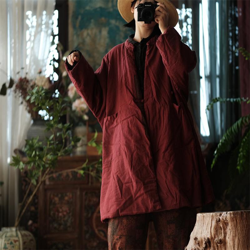 Johnature Paltoane vintage pentru femei cu imprimeu din in stil chinezesc de primăvară cu mâneci întregi largi retro, cu gâtul în formă de bumbac, parkas calde