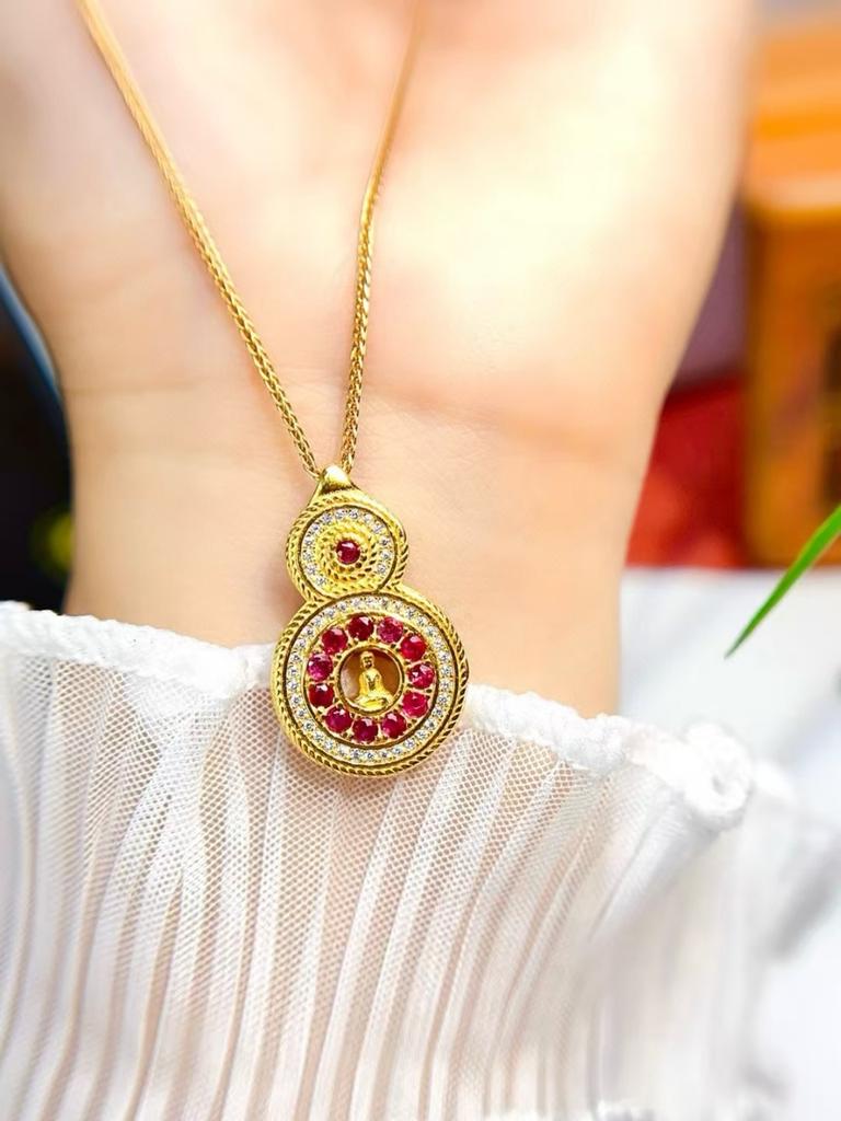 Certificate 925 Silver Natural Ruby Gourd Full Zircon Pendant Double Wear Necklace Lucky Blessing Neo Chinese Style Fine Jewelry