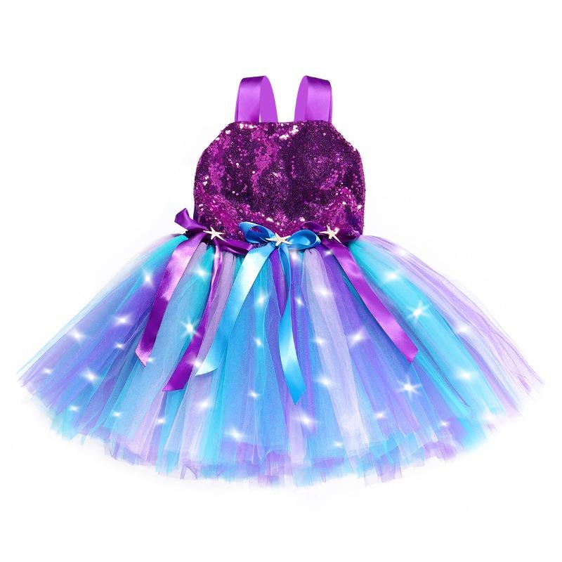 Starfish Seashell LED Mermaid Suspender Tutu Dress, Double Layer Mesh Girls Party Gown Blue