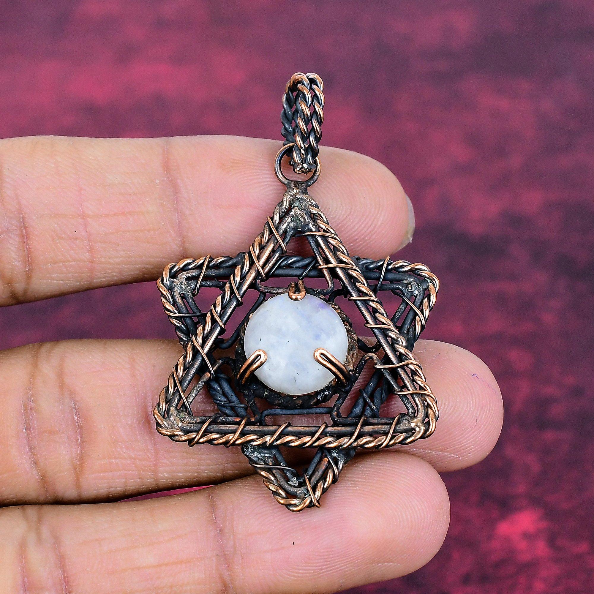 Rainbow Moonstone Pendant Real Gemstone Jewelry Copper Wire Wrapped Star Pendant