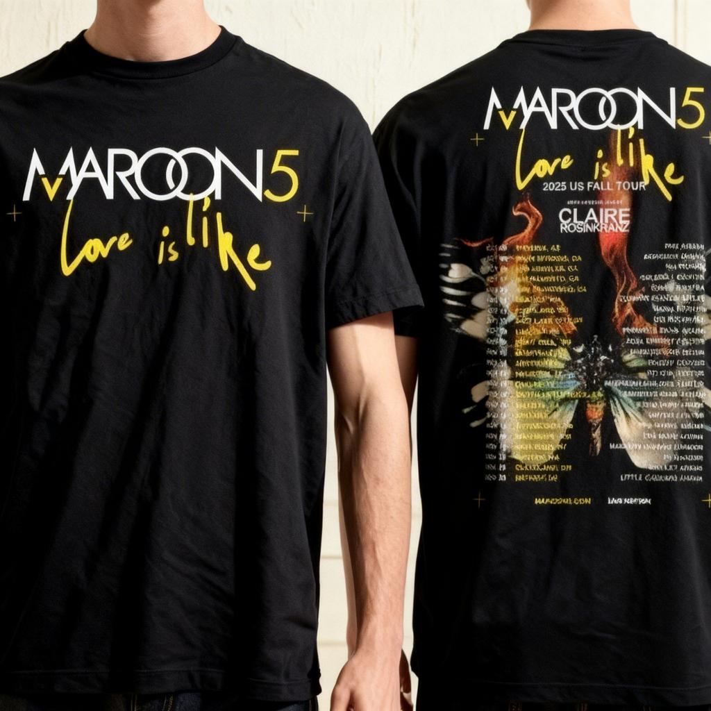 CALDO!!! T-shirt a due lati Maroon 5 Love Is Like 2025 Tour Autunnale USA Città Date
