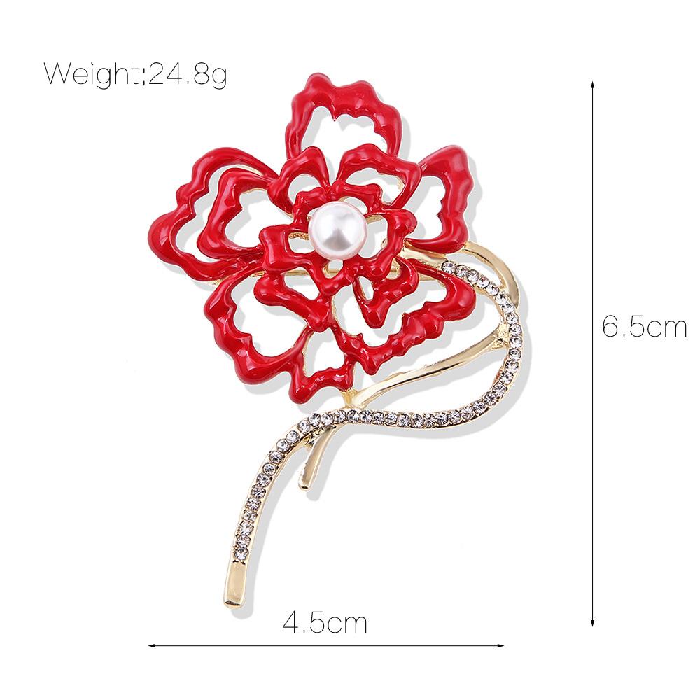 Fashion Pearl Big Red Flower Brooch Original Personality Pure Handmade Oil Drop Coral Corsage Female Accessories Long-Lasting Color Exquisite Brooch