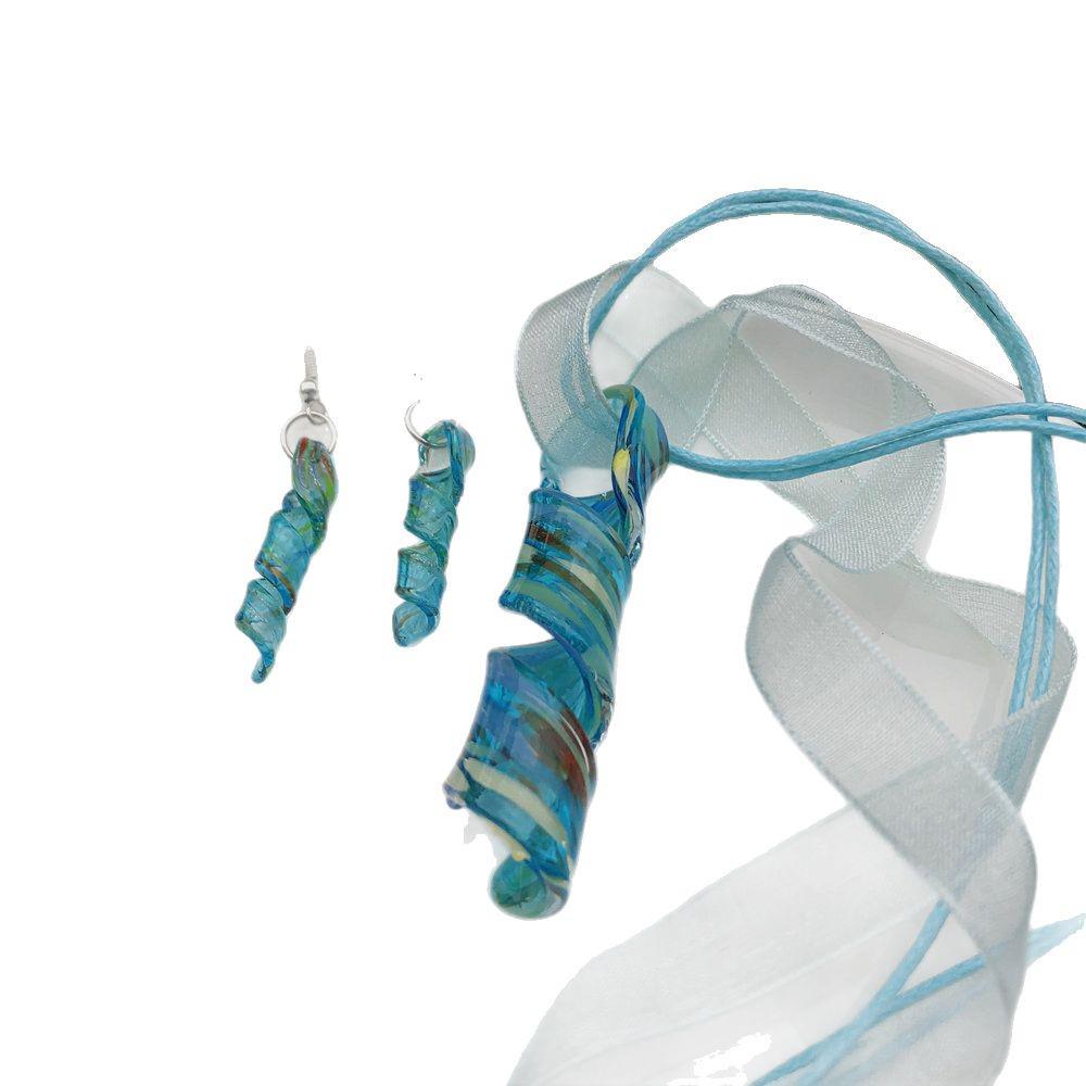 Trendy Blue Glass Ribbon Pendant Necklace & Earring Set - Perfect Seaside Vacation Accessory.