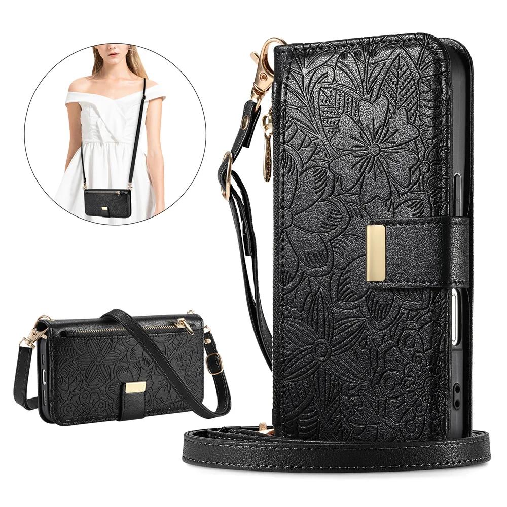 Leather Zipper Crossbody Flip Wallet Card Slot Phone Case for iPhone 16 Plus 15 14 13 12 17 18 Pro Max Wrist Strap Funda Cover