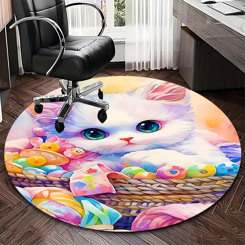 1pc Anime Design Round Carpet Cute Cat with Easter Eggs Chair Mat, Non Slip Rug for Office & Home Decor